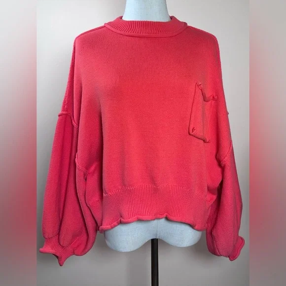 POL Never Let You Go Sweater Coral Pink Dolman Balloon Sleeve Raw Edge - Picture 2 of 8